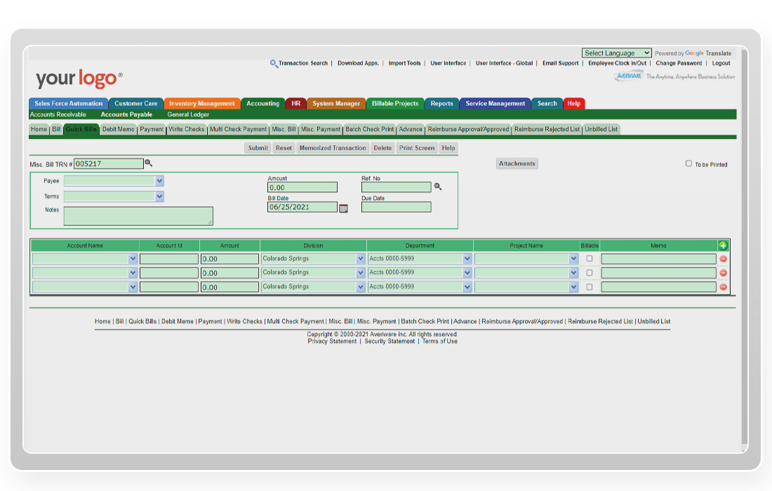Averiware Financial Interface